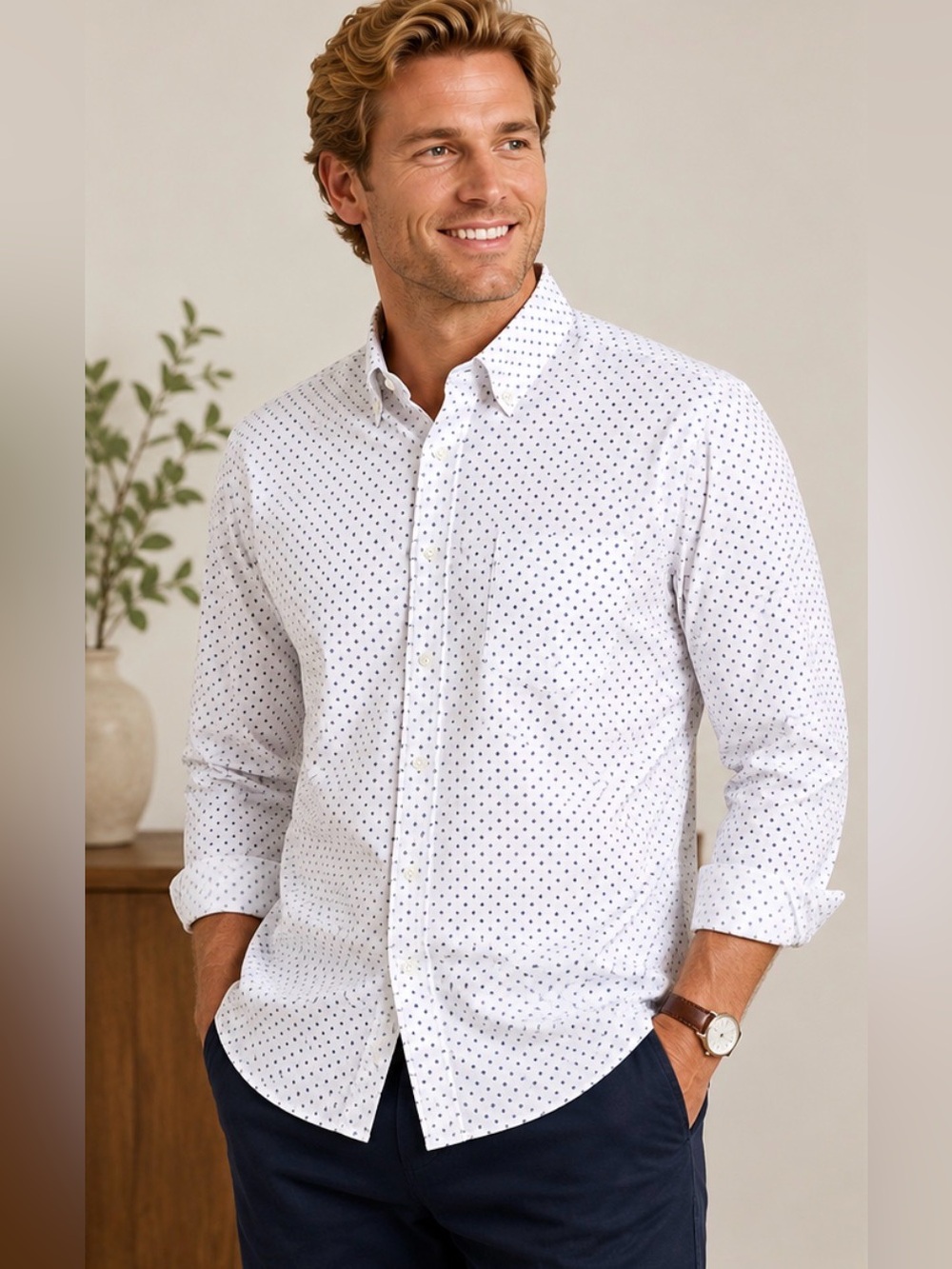 Saddlebred White Button-Down Shirt with Navy Micro-Dot Pattern